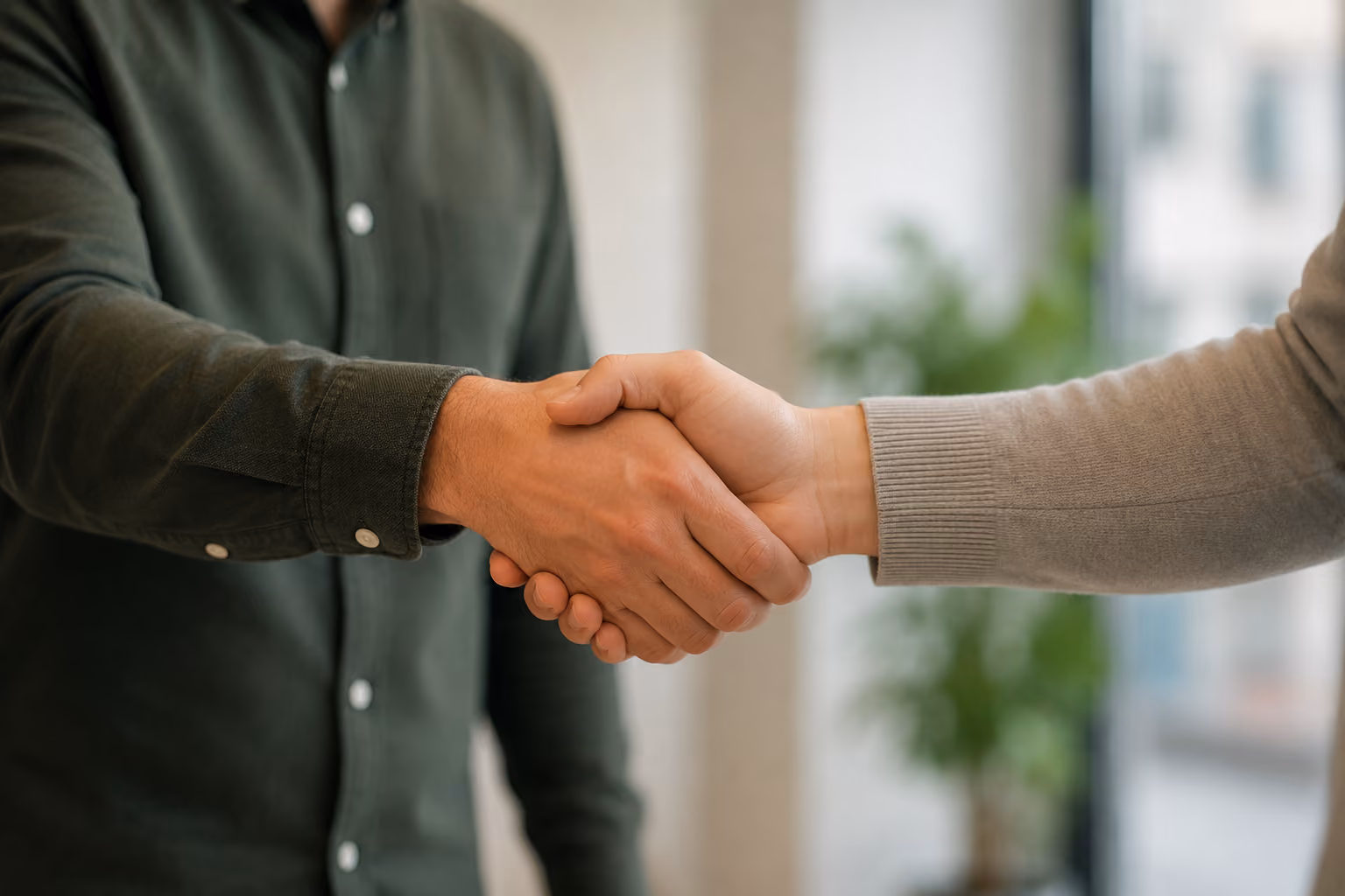Close-up of two people shaking hands indoors with a blurred background.