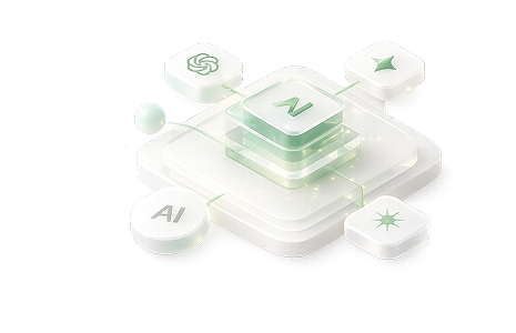 3D illustration of AI and related icons connected around a central N symbol on stacked platforms.