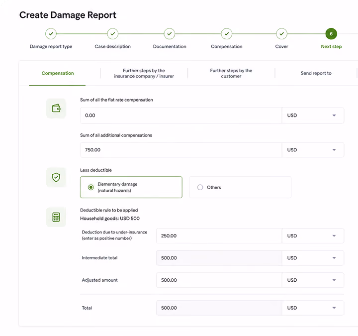 Insurance damage report form showing compensation details including deductible and adjusted amount in USD.