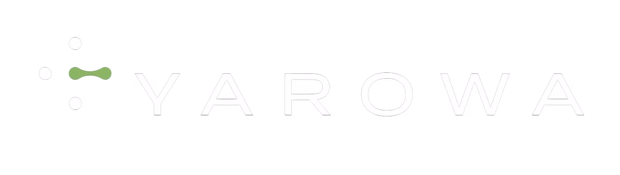 YAROWA logo with stylized green cross symbol and white capital letters on black background.