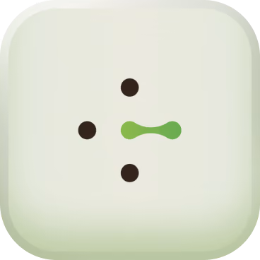 White rounded square with three black dots and one green bone-shaped figure in the center.