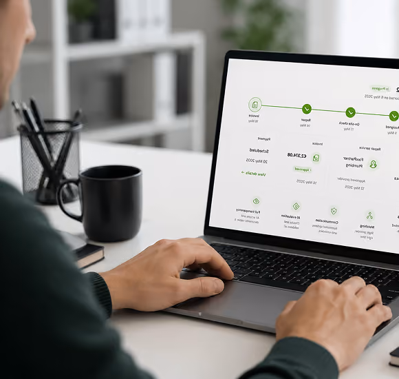 Person using a laptop showing an online loan approval and mortgage progress tracker.