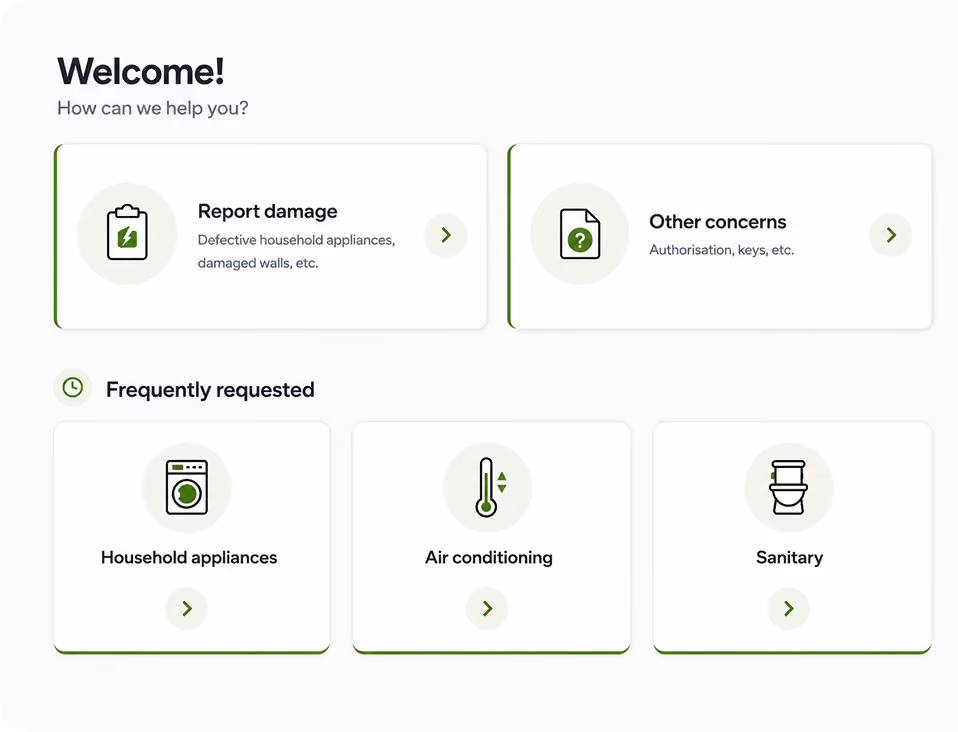 Welcome screen with options to report damage, other concerns, and frequently requested household services.