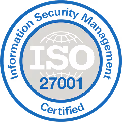 Blue circular ISO 27001 certification logo with globe and text for Information Security Management.
