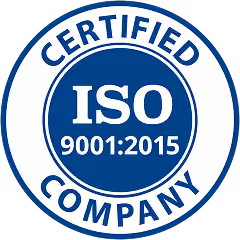 Blue and white circular ISO 9001:2015 certified company seal.